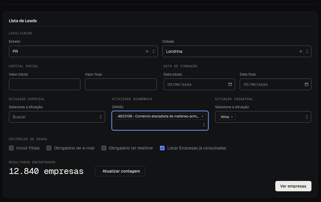 Filtro de leads por estado, cidade e CNAE, com a contagem de 12.840 empresas encontradas
