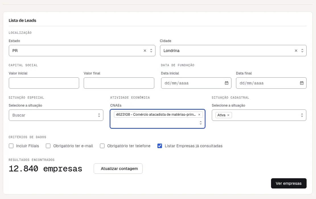 Filtro de leads por estado, cidade e CNAE, com a contagem de 12.840 empresas encontradas