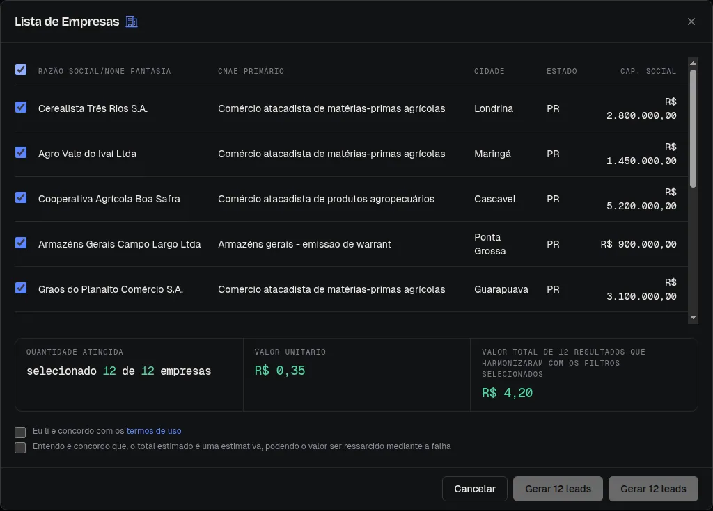 Lista de empresas encontradas com seleção, valor unitário e valor total antes de gerar os leads