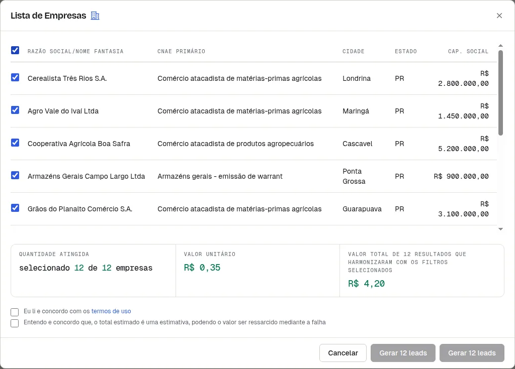 Lista de empresas encontradas com seleção, valor unitário e valor total antes de gerar os leads