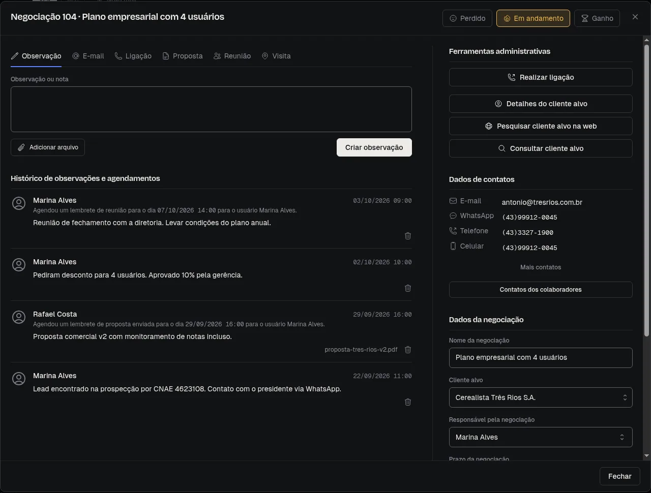 Detalhes de uma negociação com histórico de observações, propostas e reuniões, contatos do cliente e dados da negociação