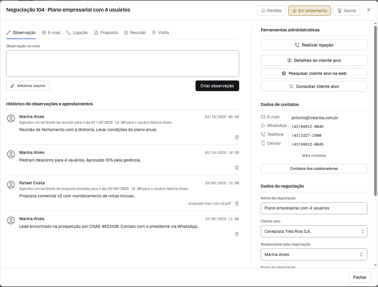 Detalhes de uma negociação com histórico de observações, propostas e reuniões, contatos do cliente e dados da negociação